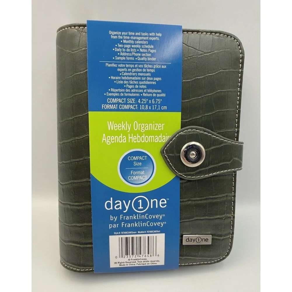Franklin Covey Compact Day 1 Weekly Organizer Vintage Green Faux Crocodile